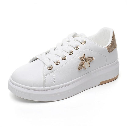 White Stevvex platform sneakers for women with gold bee emblem, lace-up and chunky sole on Tampa Home & Garden Store