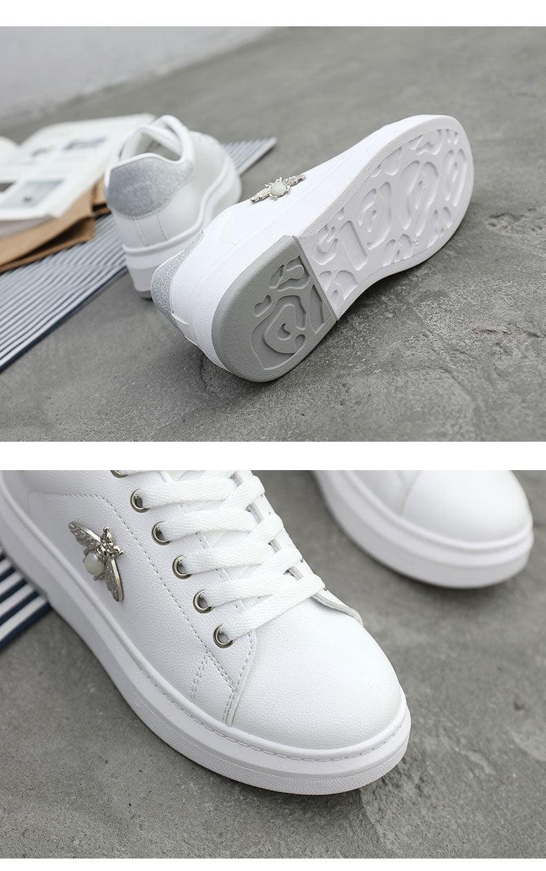 Stevvex white women's sneakers with rhinestone dragonfly charm, lace-up platform casual on Tampa Home & Garden Store
