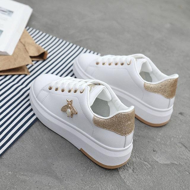 Stevvex white platform sneakers with gold glitter heel and rhinestone bee charm on Tampa Home & Garden Store