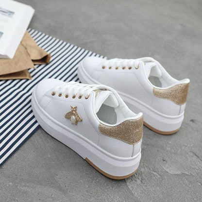 Stevvex white platform sneakers with gold glitter heel and rhinestone bee charm on Tampa Home & Garden Store