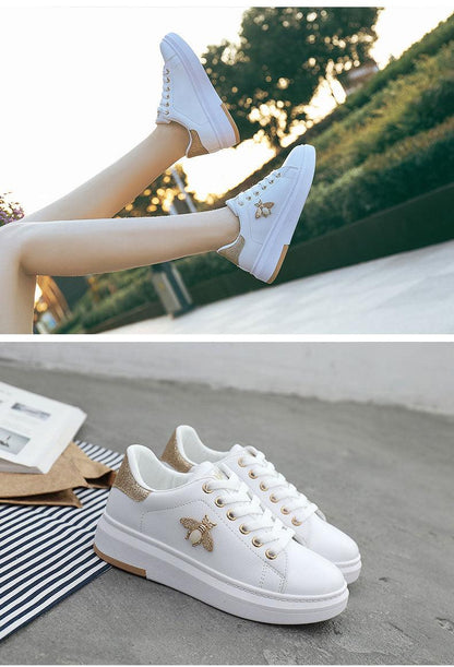 Stevvex white platform sneakers with rhinestone bee emblem, lace-up, gold heel accents on Tampa Home & Garden Store