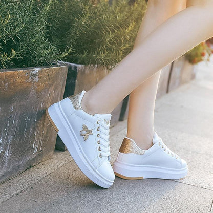 Stevvex white platform sneakers with gold glitter heel and bee embroidery lace-up casual flats on Tampa Home & Garden Store
