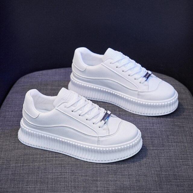 White Stevvex platform sneakers pair with thick sole and leather upper, lace casual shoes on Tampa Home & Garden Store
