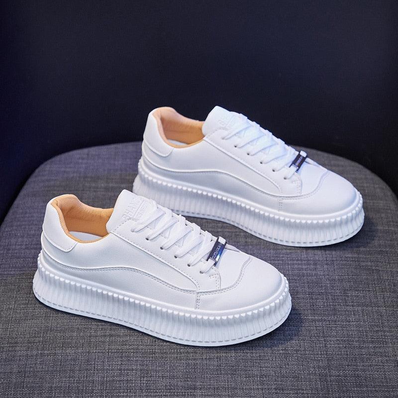 Stevvex white platform sneakers for women with thick sole and leather upper pair on Tampa Home & Garden Store