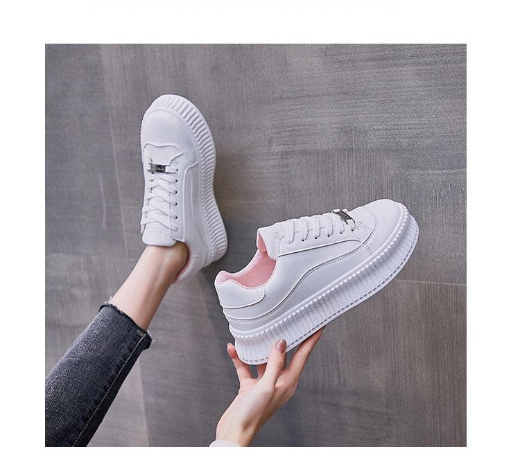Stevvex white leather platform sneakers with thick sole and pink lining on Tampa Home & Garden Store