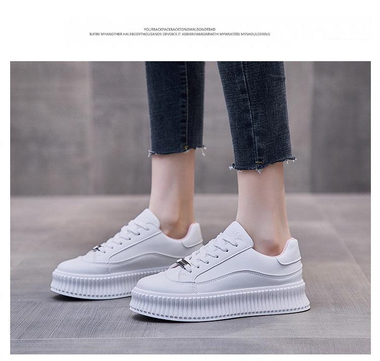 Stevvex white women platform sneakers with leather upper and thick ribbed sole, two shoes shown on Tampa Home & Garden Store