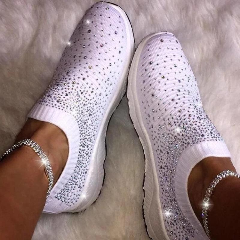 White women crystal casual slip-on sneakers by Stevvex with rhinestones pair on Tampa Home & Garden Store