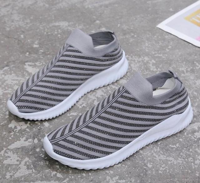 White Crystal Casual Slip-On Sneakers Stevvex with gray striped knit upper and white sole on Tampa Home & Garden Store