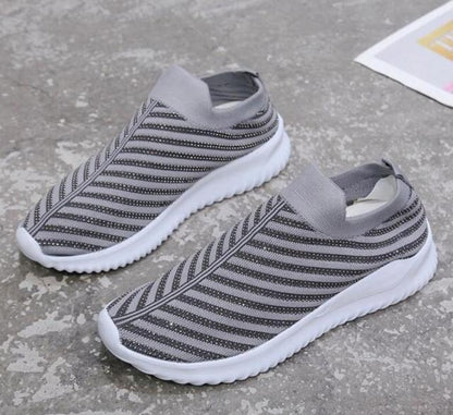 White Crystal Casual Slip-On Sneakers Stevvex with gray striped knit upper and white sole on Tampa Home & Garden Store