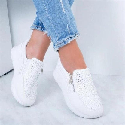 White Stevvex slip-on sneakers ST85SH1101GRB with crystal studs and side zipper on Tampa Home & Garden Store