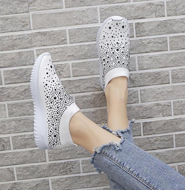 Stevvex White Women Crystal Casual Slip On Sneakers with star and dot pattern on Tampa Home & Garden Store