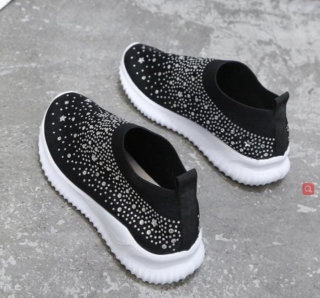 White Women Crystal Slip On Sneakers Stevvex, black upper with crystal accents, white sole on Tampa Home & Garden Store