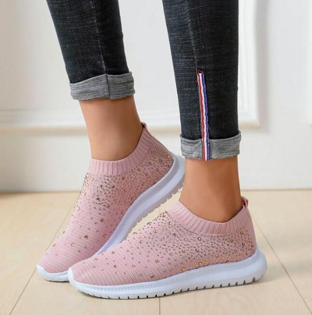 Stevvex pink knit upper crystal-embellished slip-on sneakers with white outsole on Tampa Home & Garden Store