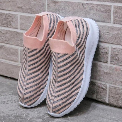 White Women Crystal Casual Slip On Sneakers Stevvex pink striped knit upper white sole pair on Tampa Home & Garden Store