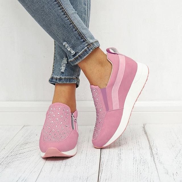 Pink Stevvex slip-on women's sneakers with crystal embellishments and white sole on Tampa Home & Garden Store