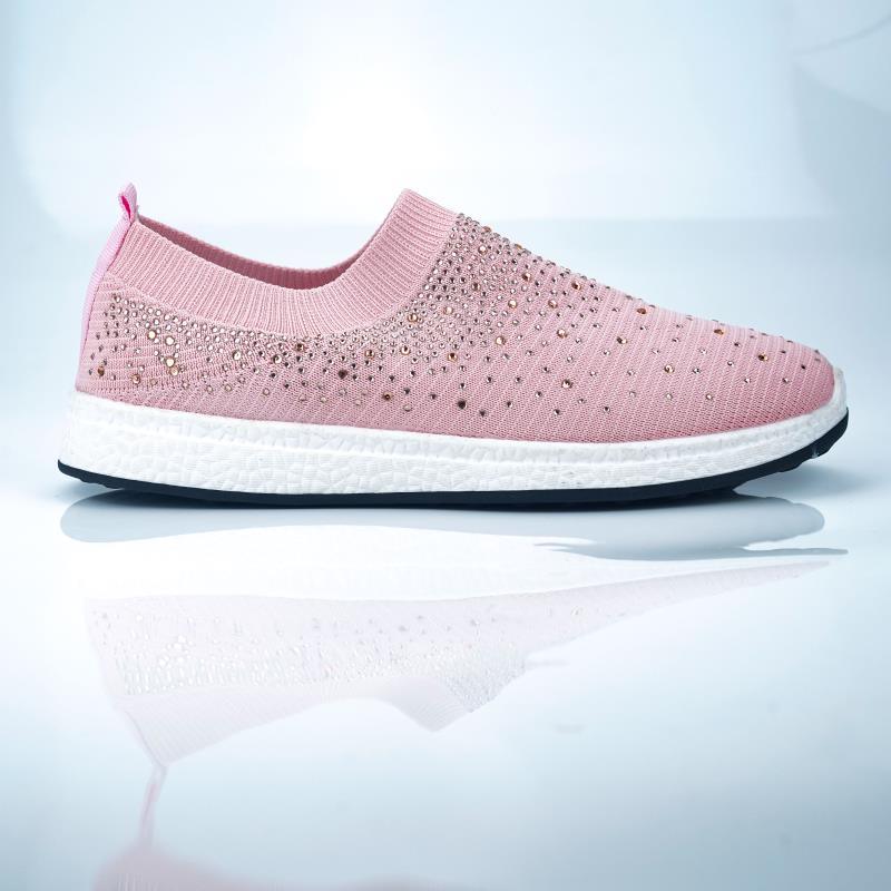 Pink Stevvex crystal casual slip-on sneakers with rhinestones, knitted upper on Tampa Home & Garden Store