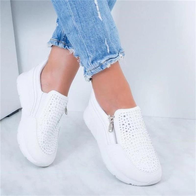 White Stevvex women's crystal casual slip-on sneakers with side zipper and studded upper on Tampa Home & Garden Store