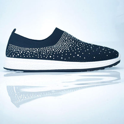 Stevvex White Crystal Slip-On Sneakers navy knit upper with crystal embellishments white midsole on Tampa Home & Garden Store