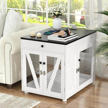White wooden dog crate end table with black top and mesh doors, drawer The Max & Rex on Tampa Home & Garden Store