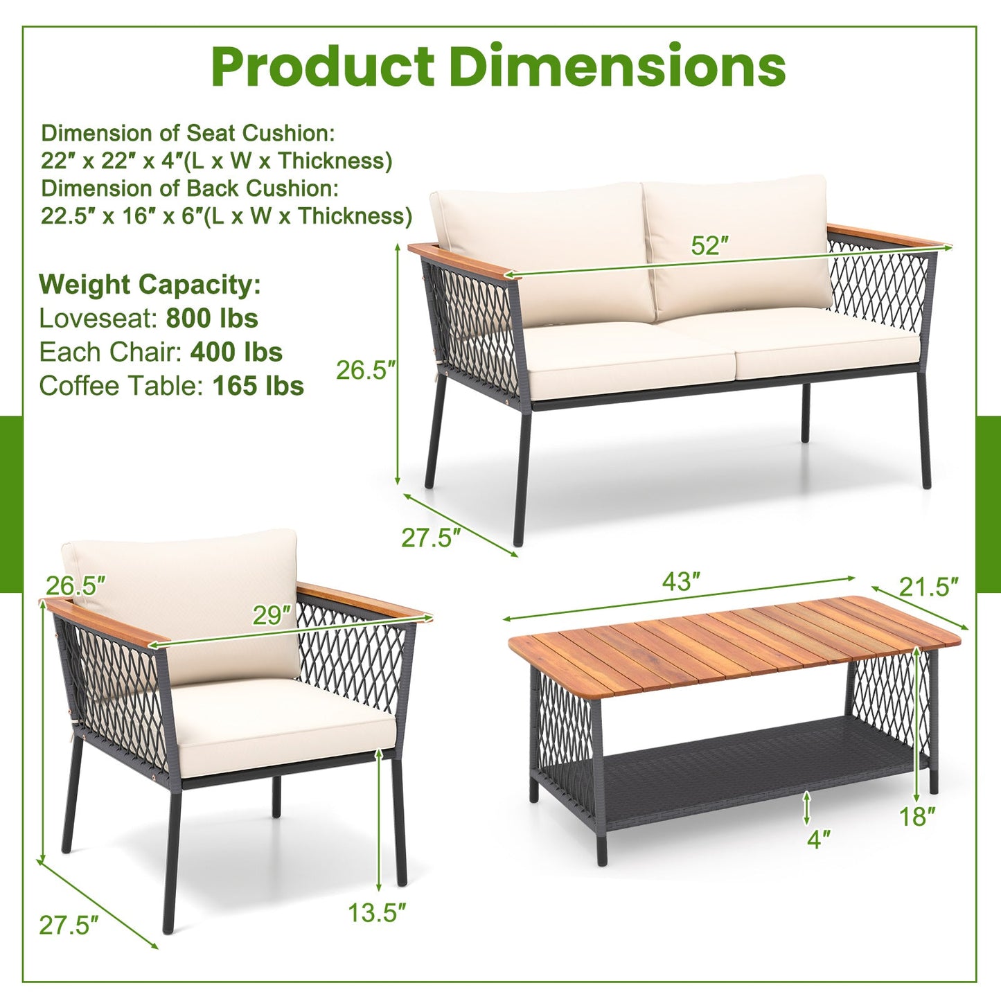 Juego de muebles de ratán de 4 piezas para patio con mesa de centro de 2 niveles - Blanco