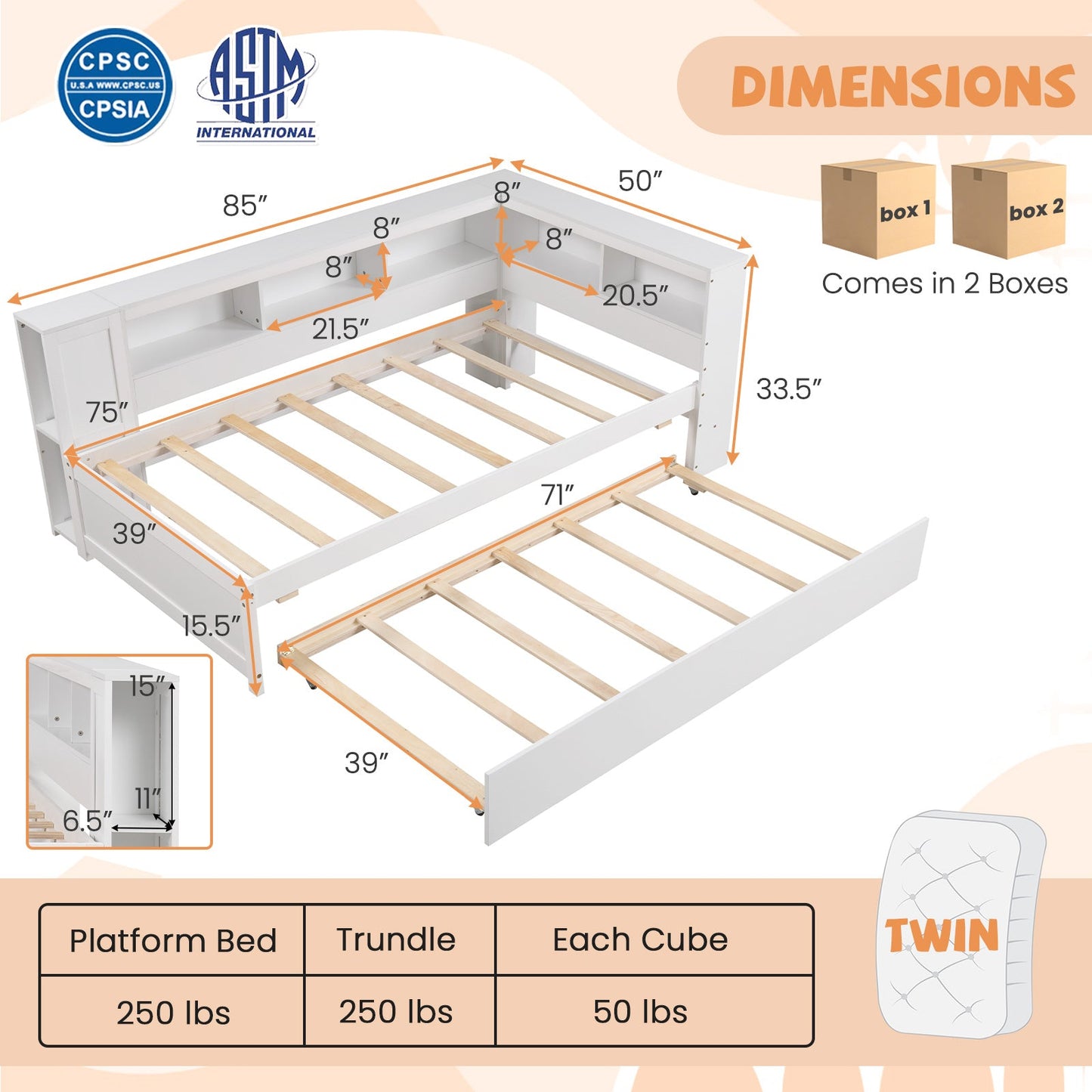 Estructura de cama individual tipo plataforma con nido y estantes laterales - Blanco