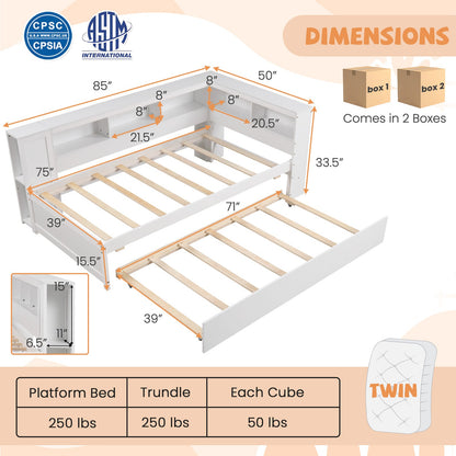 Estructura de cama individual tipo plataforma con nido y estantes laterales - Blanco
