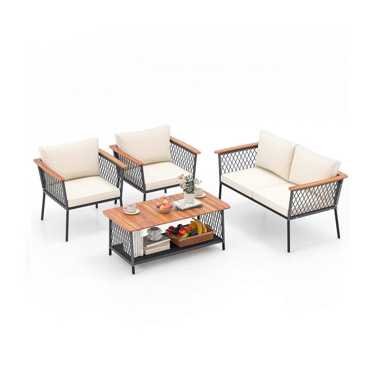 Juego de muebles de ratán de 4 piezas para patio con mesa de centro de 2 niveles - Blanco