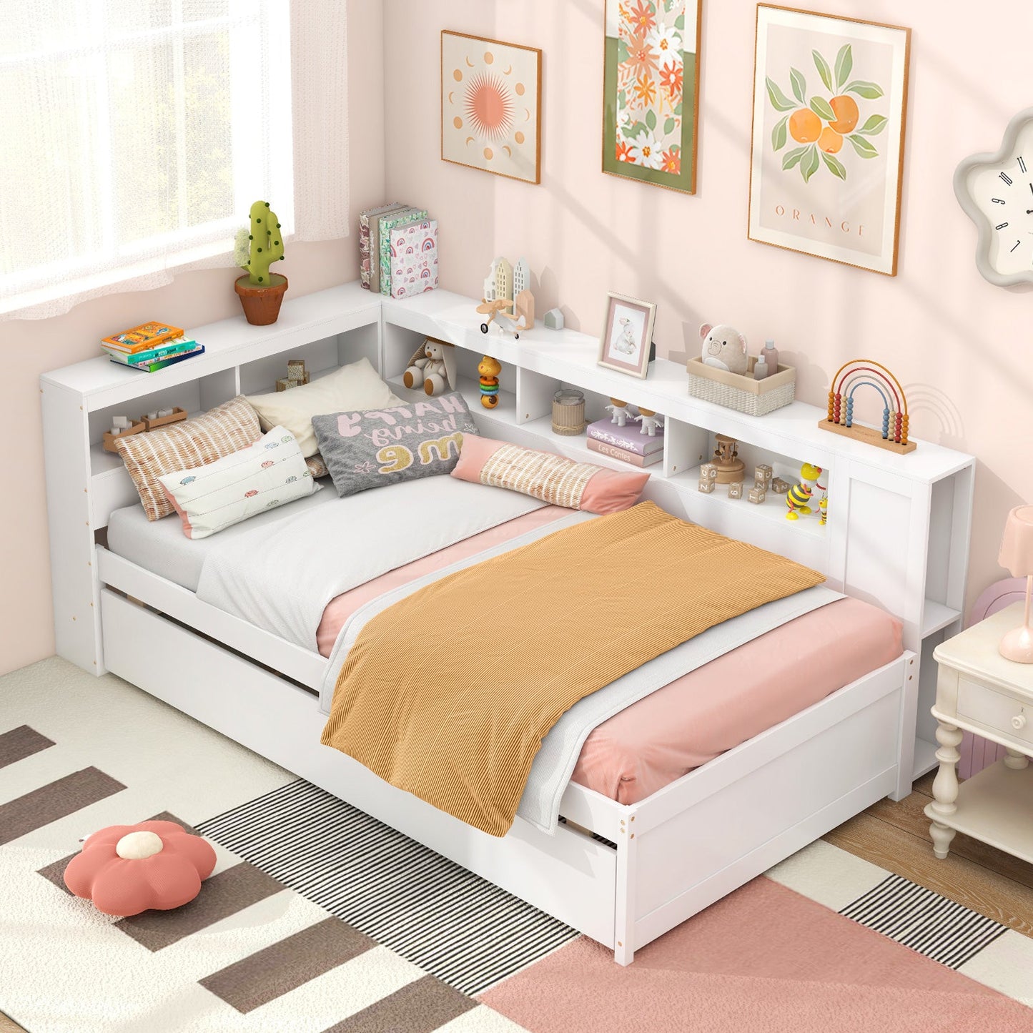 Estructura de cama individual tipo plataforma con nido y estantes laterales - Blanco