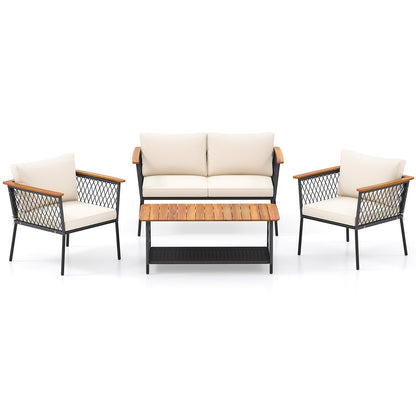 Juego de muebles de ratán de 4 piezas para patio con mesa de centro de 2 niveles - Blanco