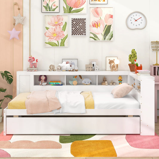 Twin Size Daybed Platform Bed Frame with Trundle and Bedside Shelves-White - Tampa Home & Garden Store