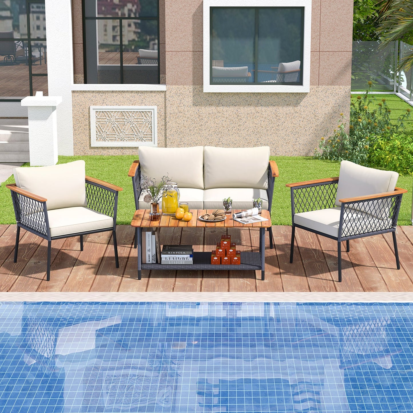 Juego de muebles de ratán de 4 piezas para patio con mesa de centro de 2 niveles - Blanco