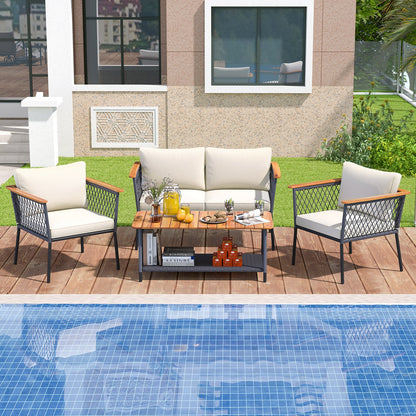 Juego de muebles de ratán de 4 piezas para patio con mesa de centro de 2 niveles - Blanco