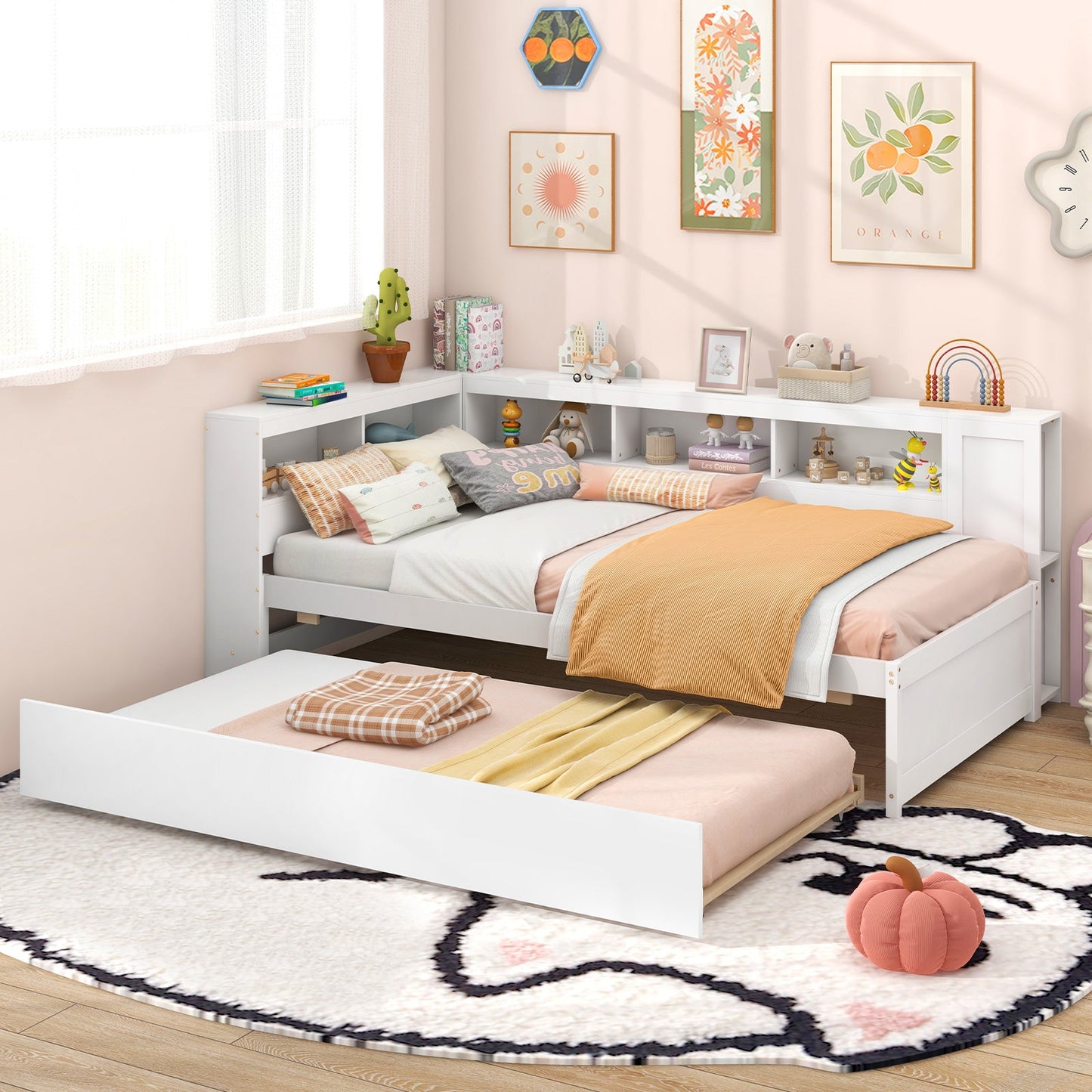 Estructura de cama individual tipo plataforma con nido y estantes laterales - Blanco