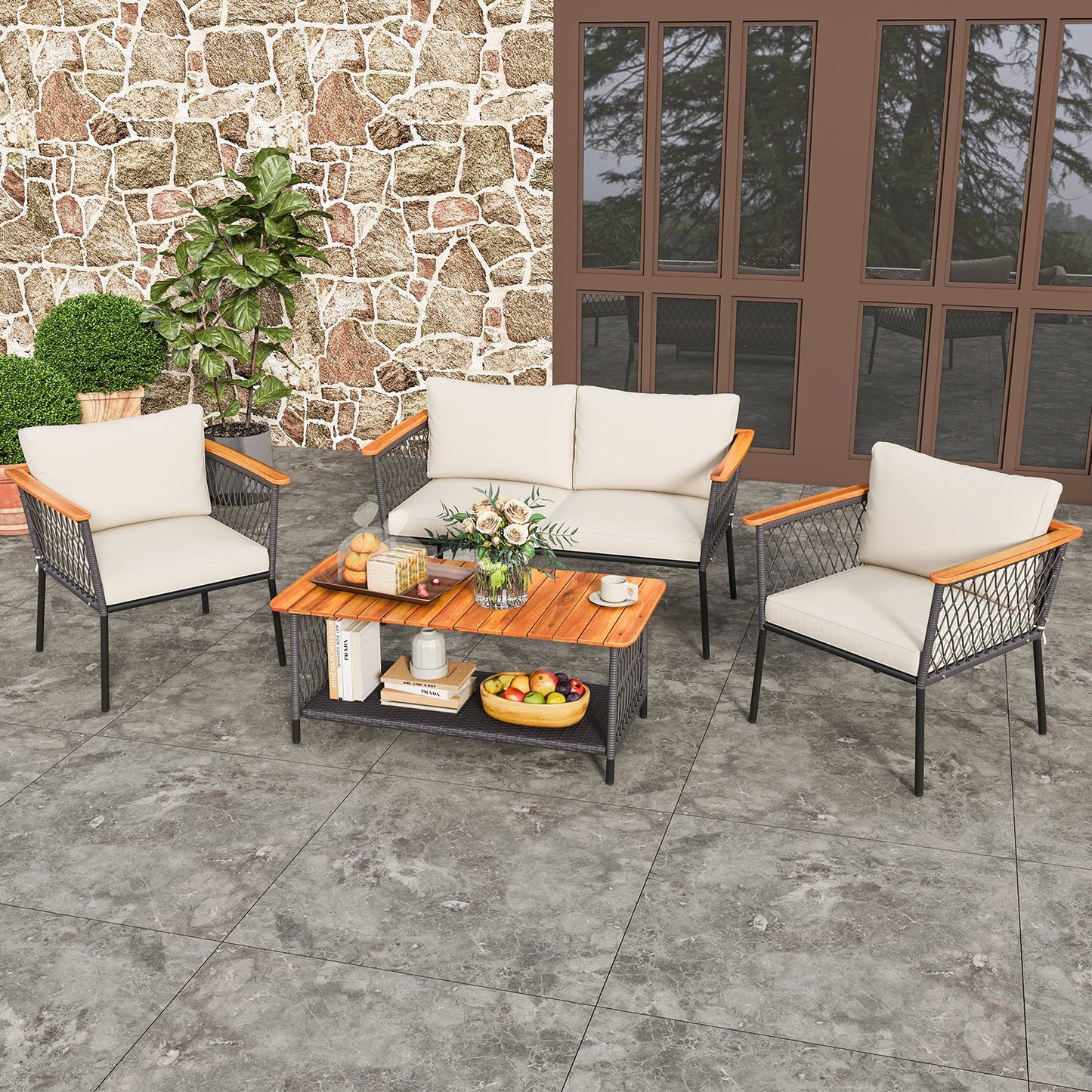 Juego de muebles de ratán de 4 piezas para patio con mesa de centro de 2 niveles - Blanco
