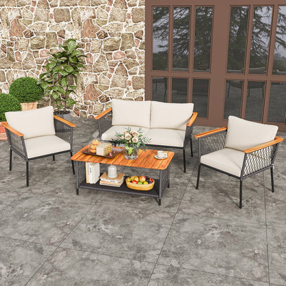 Juego de muebles de ratán de 4 piezas para patio con mesa de centro de 2 niveles - Blanco