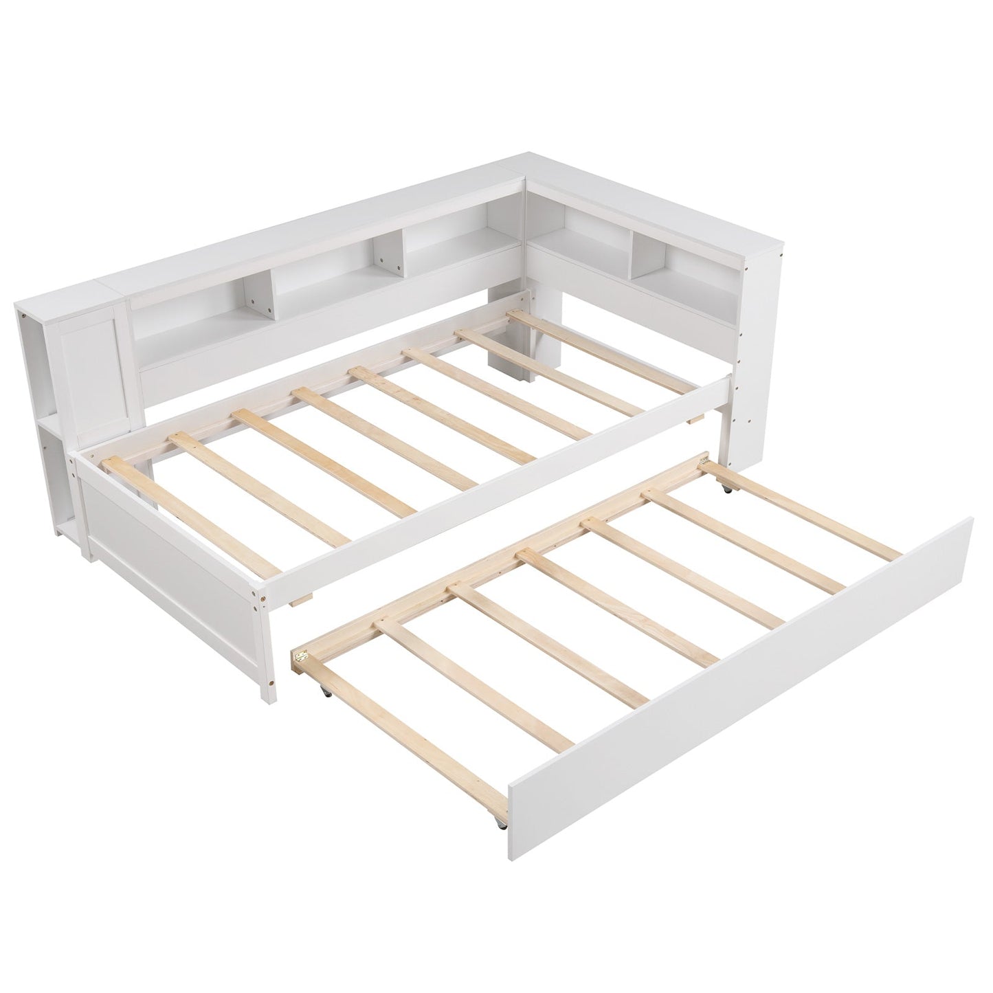 Estructura de cama individual tipo plataforma con nido y estantes laterales - Blanco