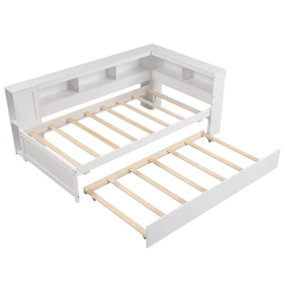 Estructura de cama individual tipo plataforma con nido y estantes laterales - Blanco