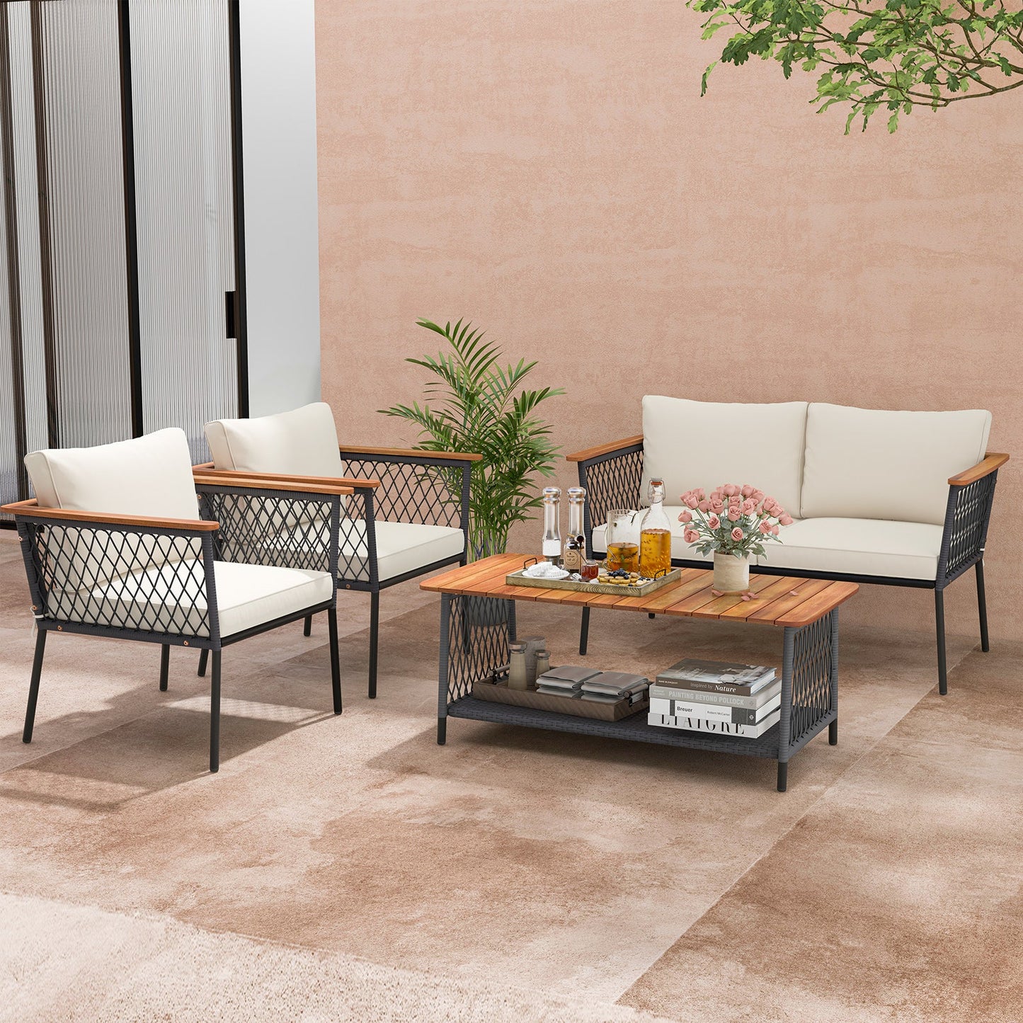 Juego de muebles de ratán de 4 piezas para patio con mesa de centro de 2 niveles - Blanco