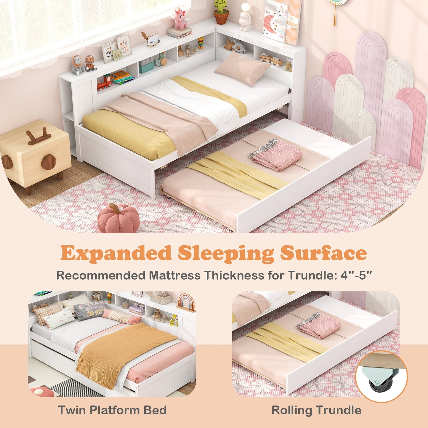 Estructura de cama individual tipo plataforma con nido y estantes laterales - Blanco