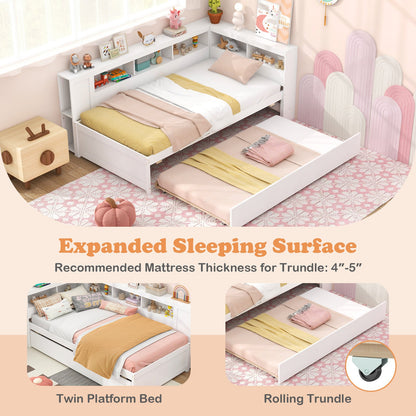 Estructura de cama individual tipo plataforma con nido y estantes laterales - Blanco