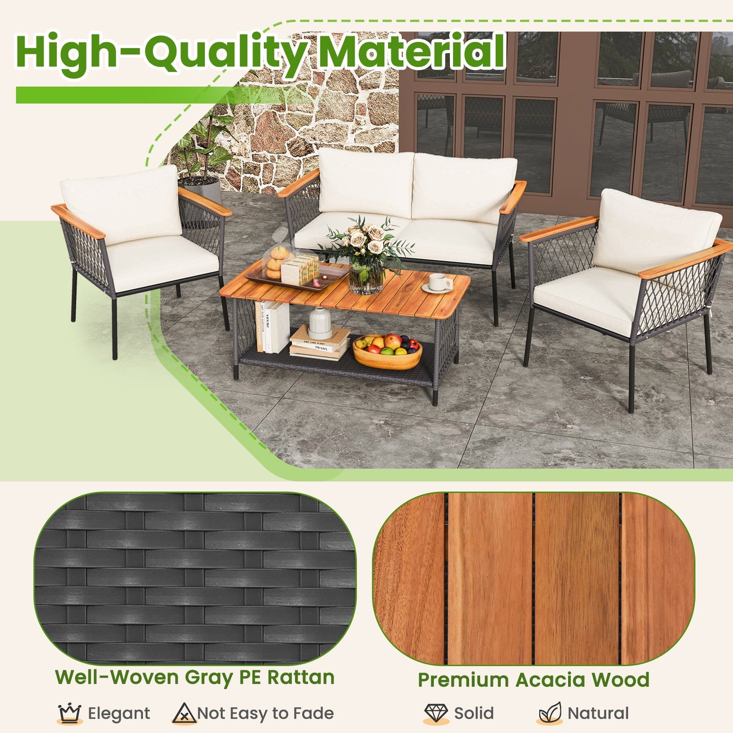 Juego de muebles de ratán de 4 piezas para patio con mesa de centro de 2 niveles - Blanco