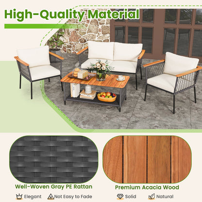 Juego de muebles de ratán de 4 piezas para patio con mesa de centro de 2 niveles - Blanco