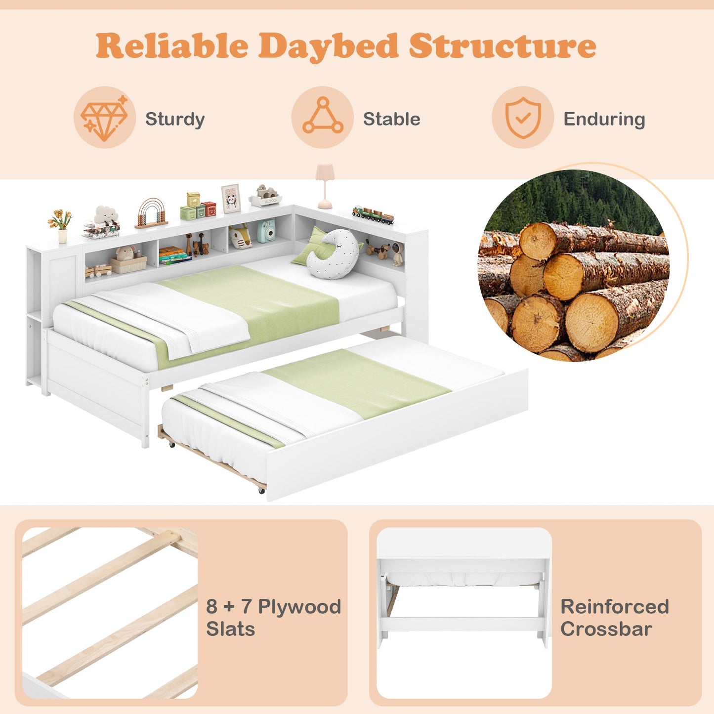 Estructura de cama individual tipo plataforma con nido y estantes laterales - Blanco