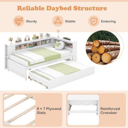 Estructura de cama individual tipo plataforma con nido y estantes laterales - Blanco