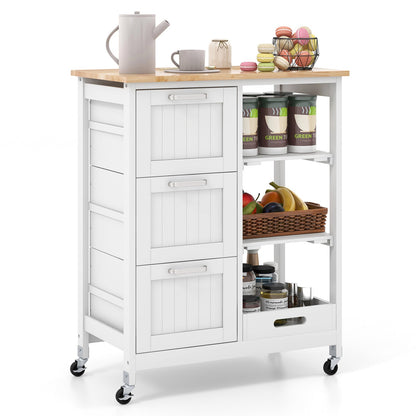 Kitchen Island Cart on Wheels with Rubber Wood Top and 3 Drawersand Removable Tray-Gray