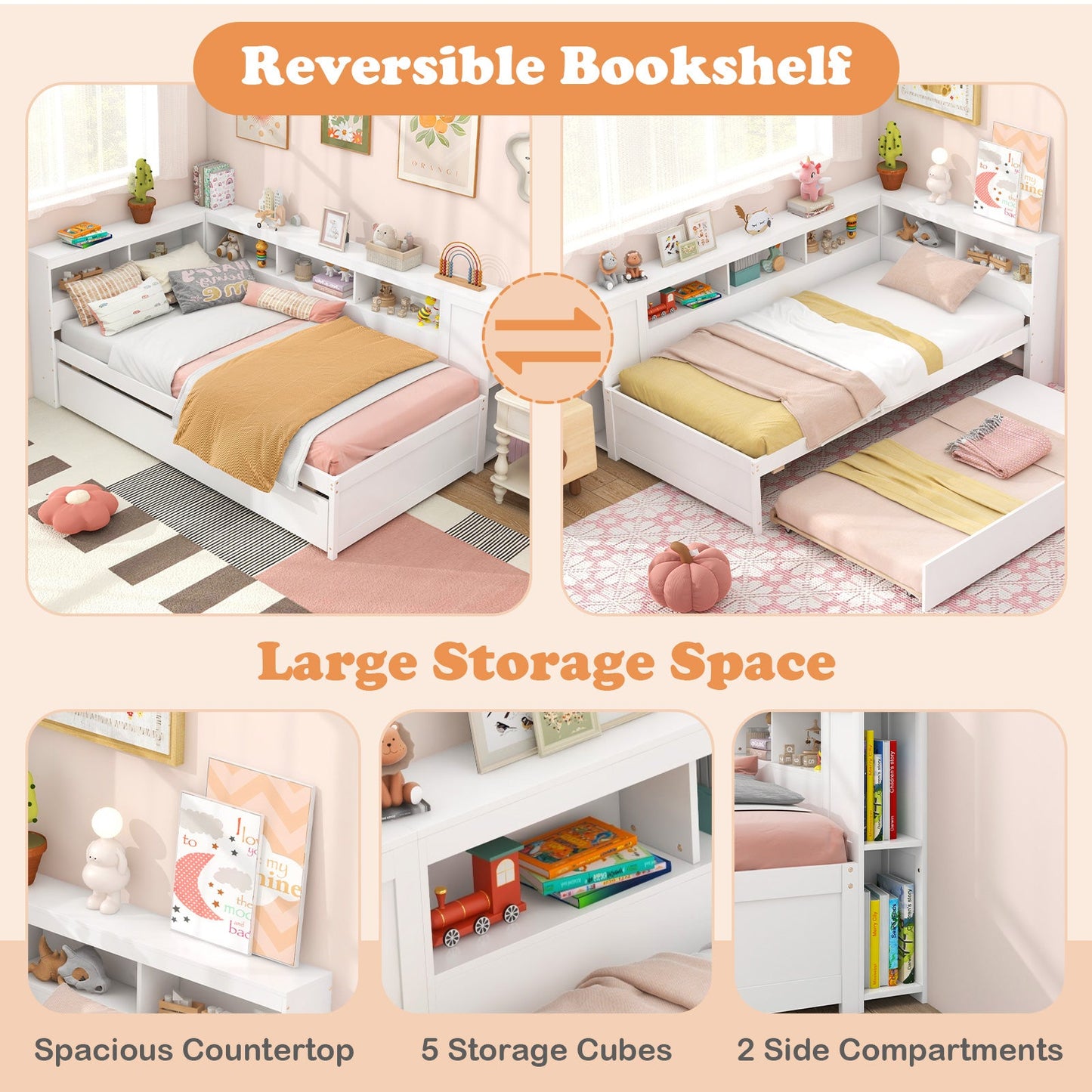 Estructura de cama individual tipo plataforma con nido y estantes laterales - Blanco