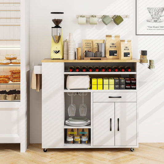 Rolling Kitchen Island Cart with Power Outlet for Dining Room-White and Natural - Tampa Home & Garden Store