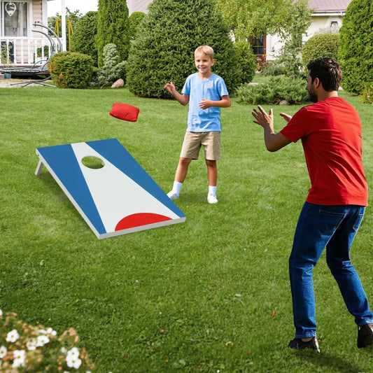 DirectDeals Cornhole Board Set 3x2ft with bean bags and foldable legs blue/white boards on lawn on Tampa Home & Garden Store