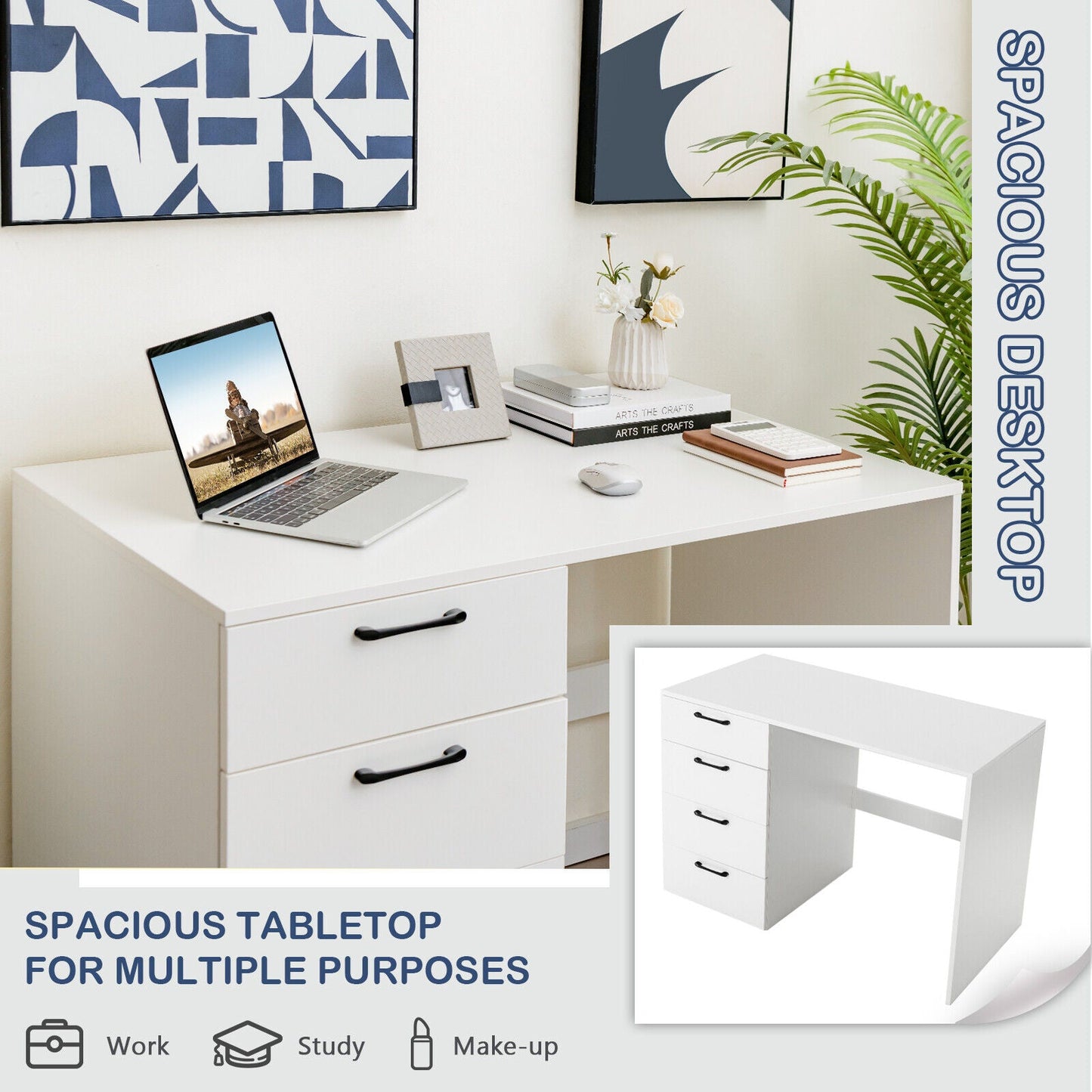 Escritorio para computadora de 43.5 pulgadas con 4 cajones grandes - Blanco