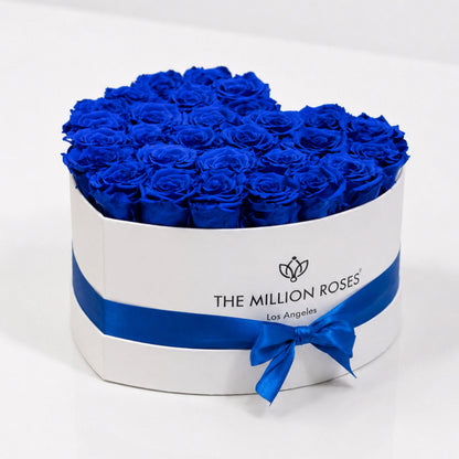 Blue eternity roses in a heart white box by The Million Roses, royal blue bouquet on Tampa Home & Garden Store
